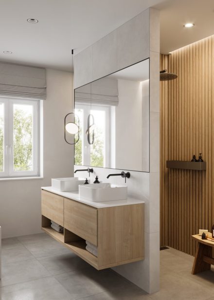 Computer generated image of bathroom interior. Brown paneling in the shower area with white sink and bathtub.