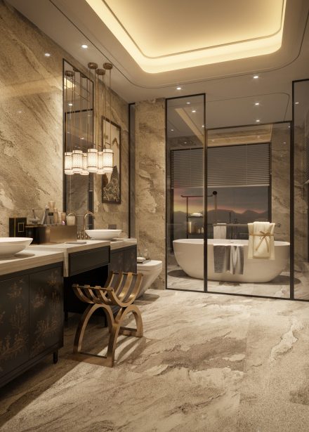 Digitally generated fancy and modern bathroom interior design.

The scene was rendered with photorealistic shaders and lighting in Corona Renderer 7 for Autodesk® 3ds Max 2022 with some post-production added.