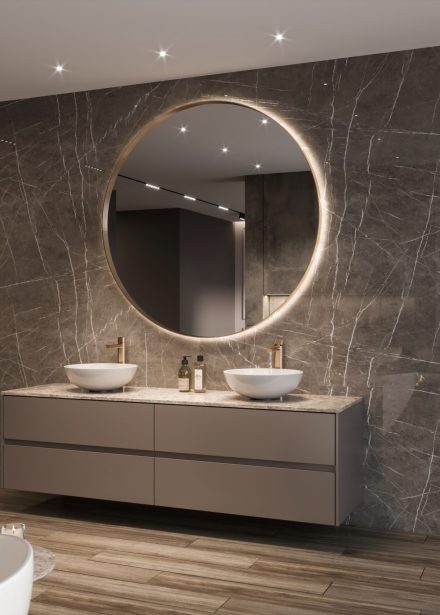 Modern bathroom hotel room interior with shower cabins. Large mirror, sink, marble wall and showers in the background. Render.